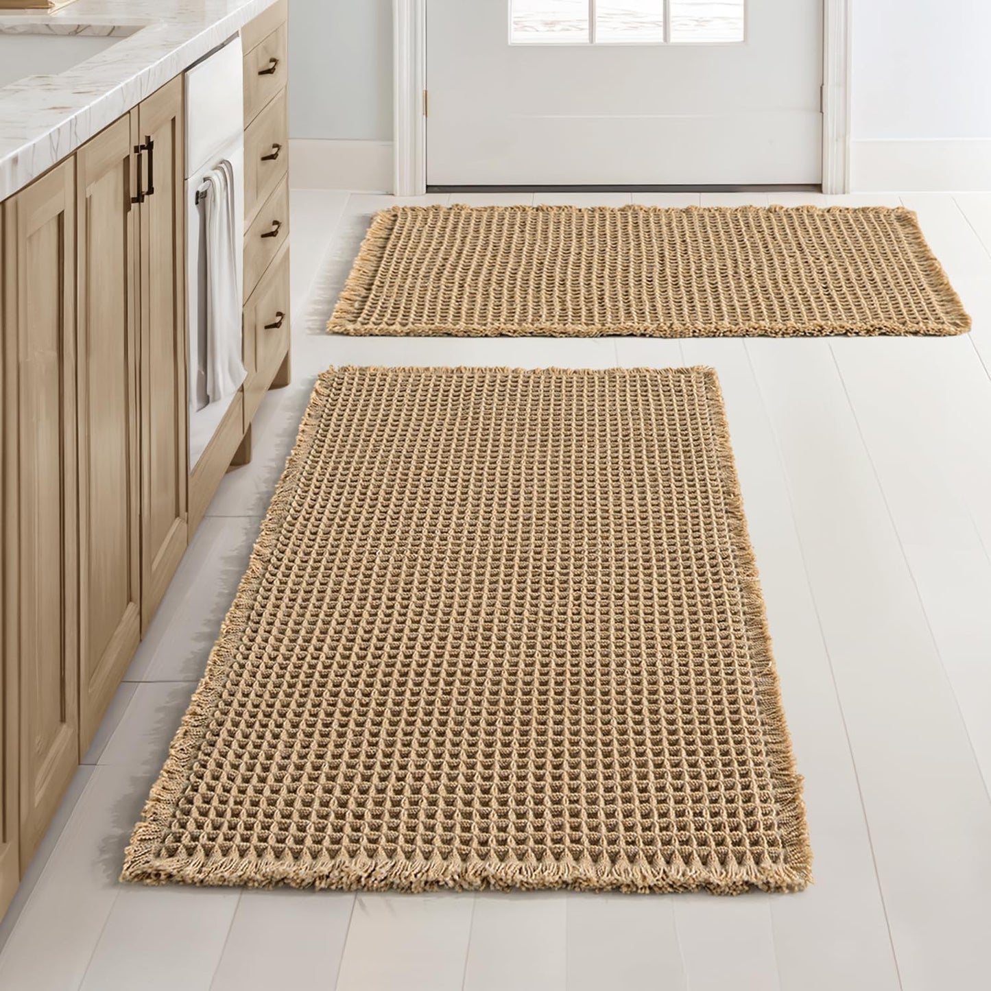 Set of 2 Non-Slip Waffle Bath Rugs, Washable and Super Absorbent Mats with Ultra Soft Rubber Backing, Brown, 18x30 Inches
