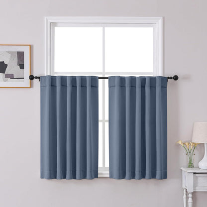 Denim Blue Blackout Curtains 36 Inches Long 2 Panels, Solid Thermal Insulated Half Window Curtains for Kitchen Bathroom, Modern Rod Pocket Back Tab Short Window Treatments, 40Wx36L