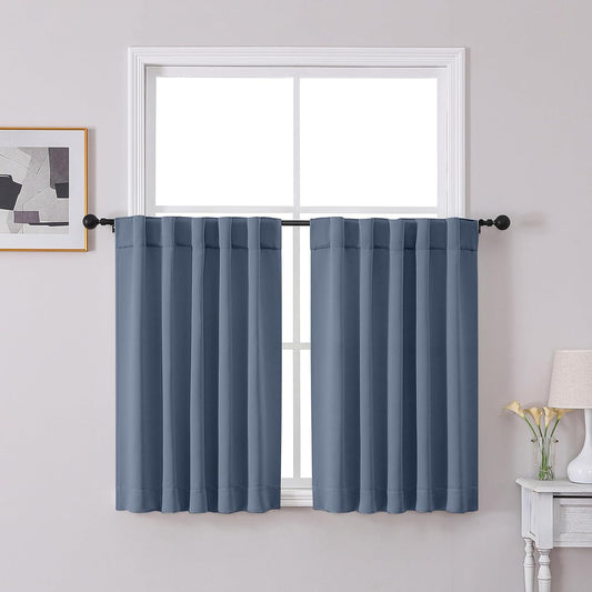 Denim Blue Blackout Curtains 36 Inches Long 2 Panels, Solid Thermal Insulated Half Window Curtains for Kitchen Bathroom, Modern Rod Pocket Back Tab Short Window Treatments, 40Wx36L