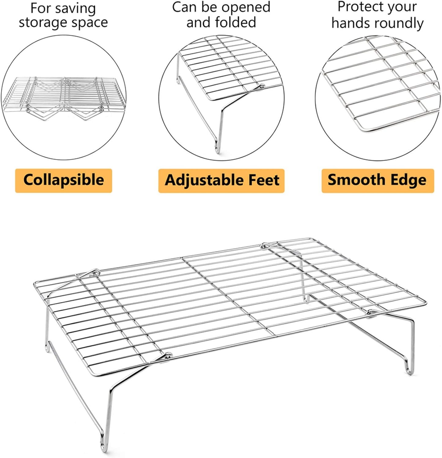 4-Tier Cooling Rack Set, Stainless Steel Stackable Baking Cooking Racks for Cooling Roasting Cooking, Raised & Folding Feet, Oven Safe & Easy Clean, 15" X 10", Silver