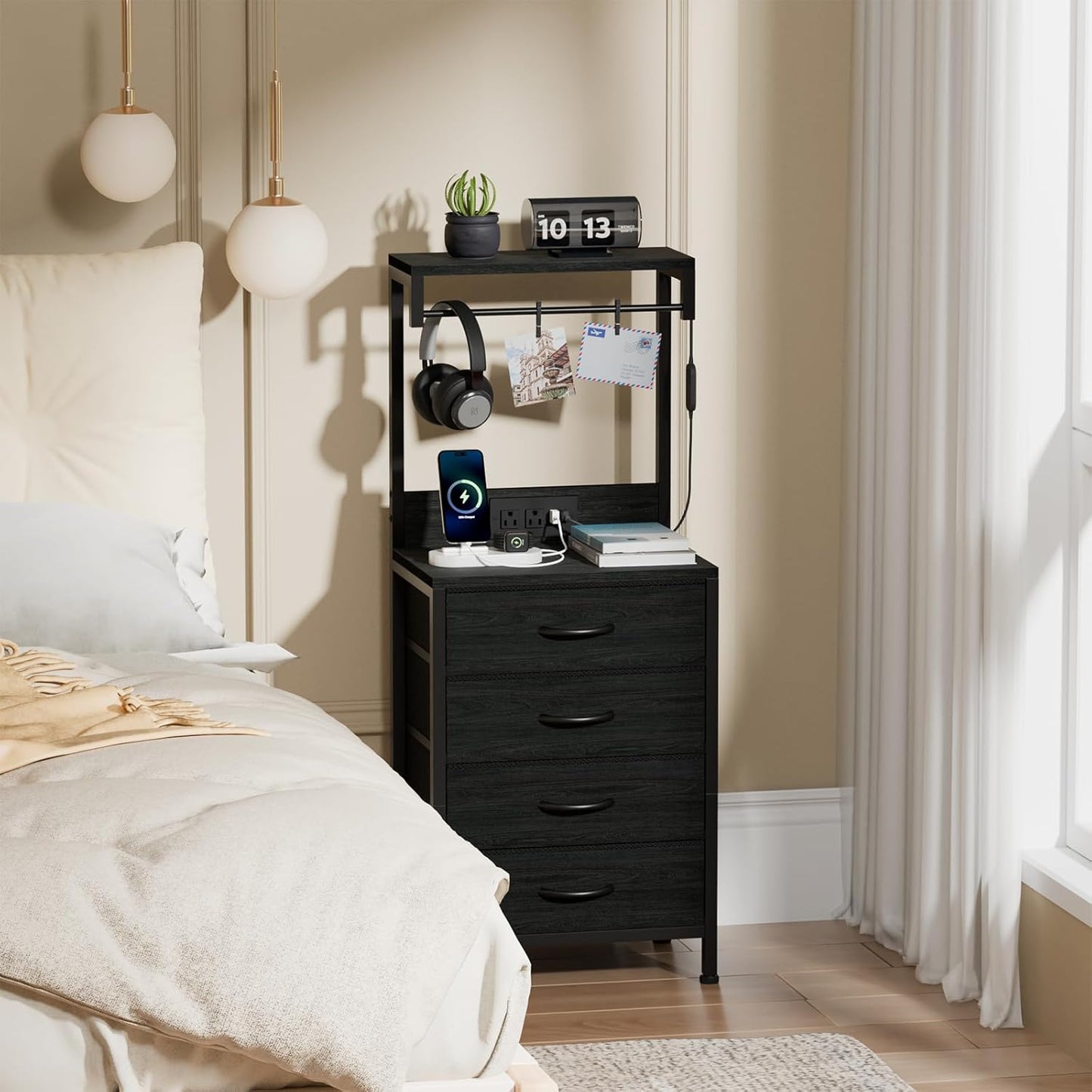 Elegant Tall Nightstand with Integrated Charging Station, LED Lighting, and Ample Storage Shelves, Versatile Bedside Table for Bedroom, Hallway, or Office, Featuring 4 Fabric Drawers in Black Oak Finish