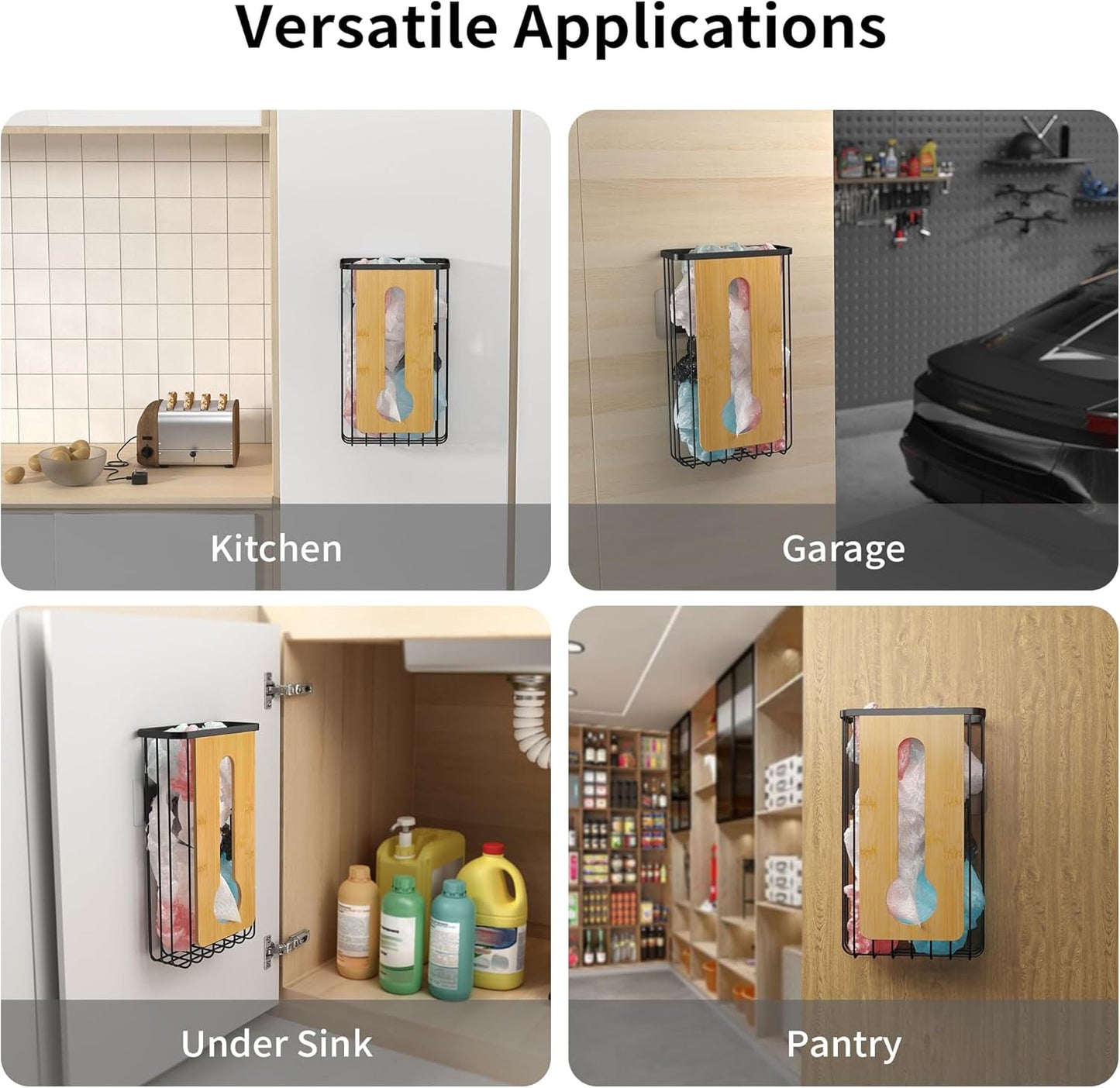 Plastic Grocery Bag Holder - Extra Large Trash Bag Dispenser Wall Mount with Mounting Accessories - Matte Black Reusable Bags Storage Organizer for Kitchen, under Sink, Pantry, Garage