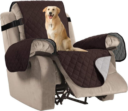 Reversible Quilted Recliner Covers Recliner Chair Cover Water Resistant Furniture Protector Washable Couch Cover with Elastic Straps for Kids, Pets (Recliner, Brown/Beige)