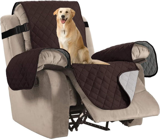 Reversible Quilted Recliner Covers Recliner Chair Cover Water Resistant Furniture Protector Washable Couch Cover with Elastic Straps for Kids, Pets (Recliner, Brown/Beige)