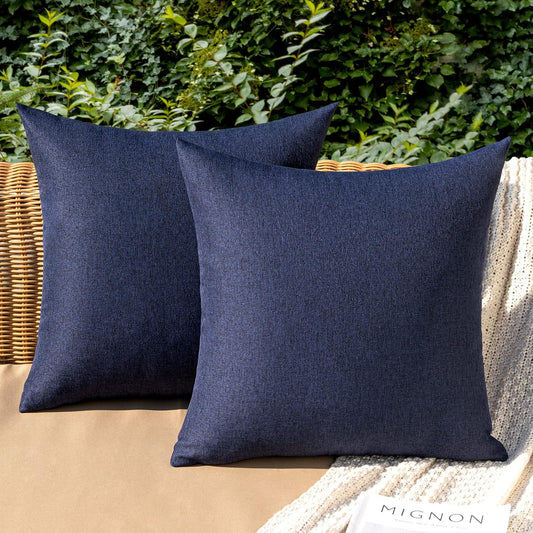 Pack of 2 Decorative Outdoor Solid Waterproof Throw Pillow Covers Faux Linen Garden Farmhouse Cushion Cases for Summer Patio Tent Balcony Couch Sofa 18X18 Inch Navy
