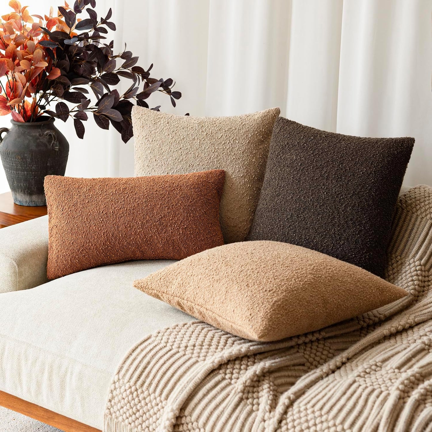 Decorative Textured Boucle Throw Pillow Covers Accent Solid Lumbar Pillow Cases Soft Cozy Couch Cushion Case for Chair Sofa Bedroom Living Room Home Decor 12X20 Inch,1Pc,Burnt Orange Hazel