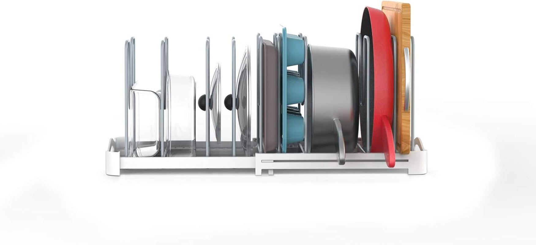 Adjustable Bakeware Organizer Pot Lid Holder Rack for Pots, Cake Molds, Cutting Boards, Mats, Cookware, GS02SS, 7.7'' Deep by 12.6'' to 21.5'' Wide