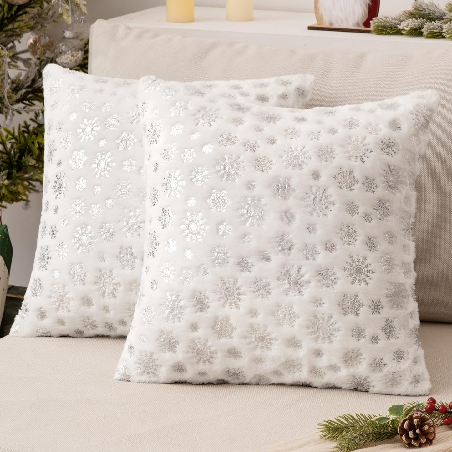 Christmas Ivory Throw Pillow Covers Set of 2 Snowflakes Decorative Winter Couch Pillowcases 18×18 Inch Soft Plush Faux Fur Farmhouse Home Holiday Festival Decors for Sofa Living Room Bed