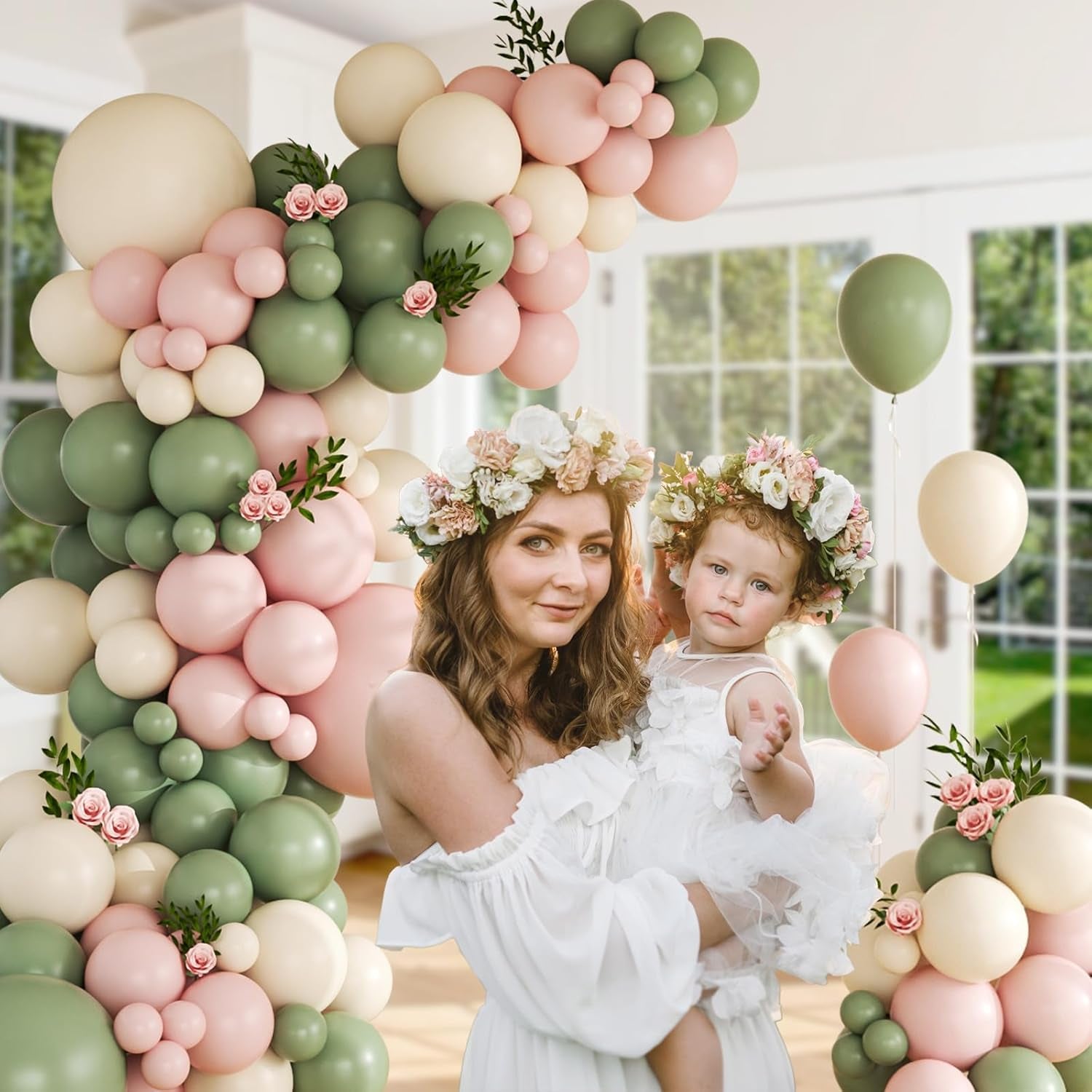 141Pcs Pink and Green Balloon Arch Garland Kit with Sage Green Pastel Pink Sand White Balloons for Birthday Bridal Shower Party Boho Baby in Bloom Baby Shower Decorations