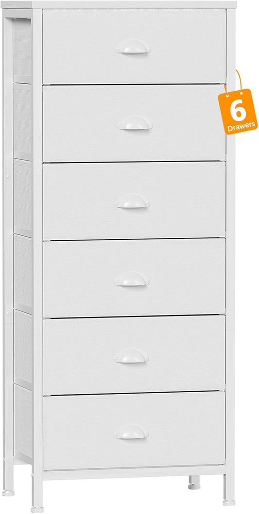 White Vertical Tall Dresser with 6 Fabric Drawers - Versatile Storage Tower and Nightstand for Bedroom, Living Room, Closet, Entryway, and Hallway