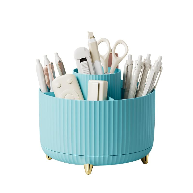 360 Rotating Makeup Brush Organizer with 5 Sections, Spining Countertop Swivel Makeup Brush Holder for Cosmetics, Nail Polish, Art Supply, Bathroom Vanity Desktop Organizer - Blue