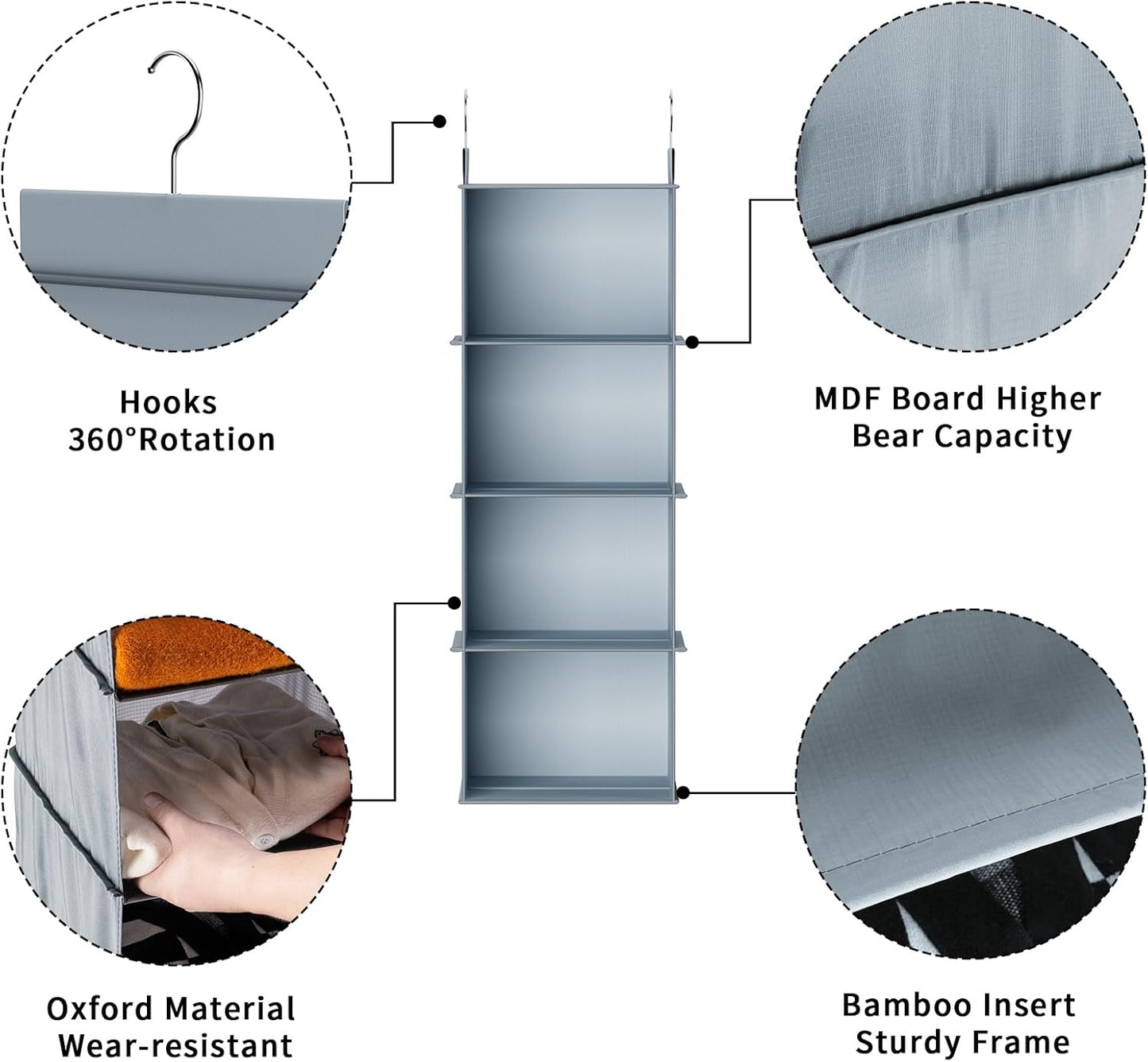 Hanging Closet Organizer, 4-Shelf Closet Hanging Shelves, Grey