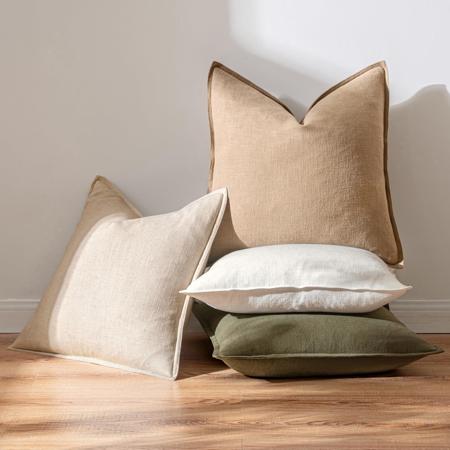 Set of 2 Decorative Linen Pillow Covers, 18x18 Inches, Natural Beige, Farmhouse-Style Neutral Throw Pillowcases for Couch, Sofa, and Bed Decor in Living Room