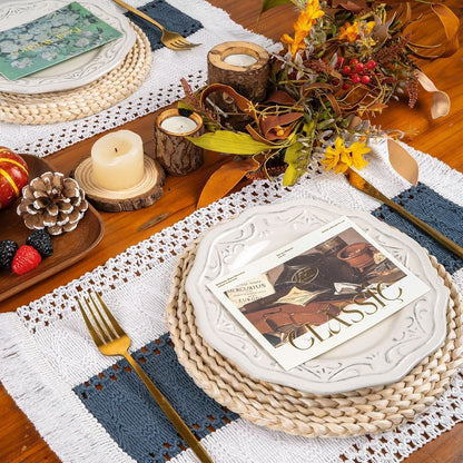 Blue Boho Placemats Set of 4, Macrame Table Decor and Farmhouse Style Placemats Natural Cotton Burlap, for Dining Table, Blue