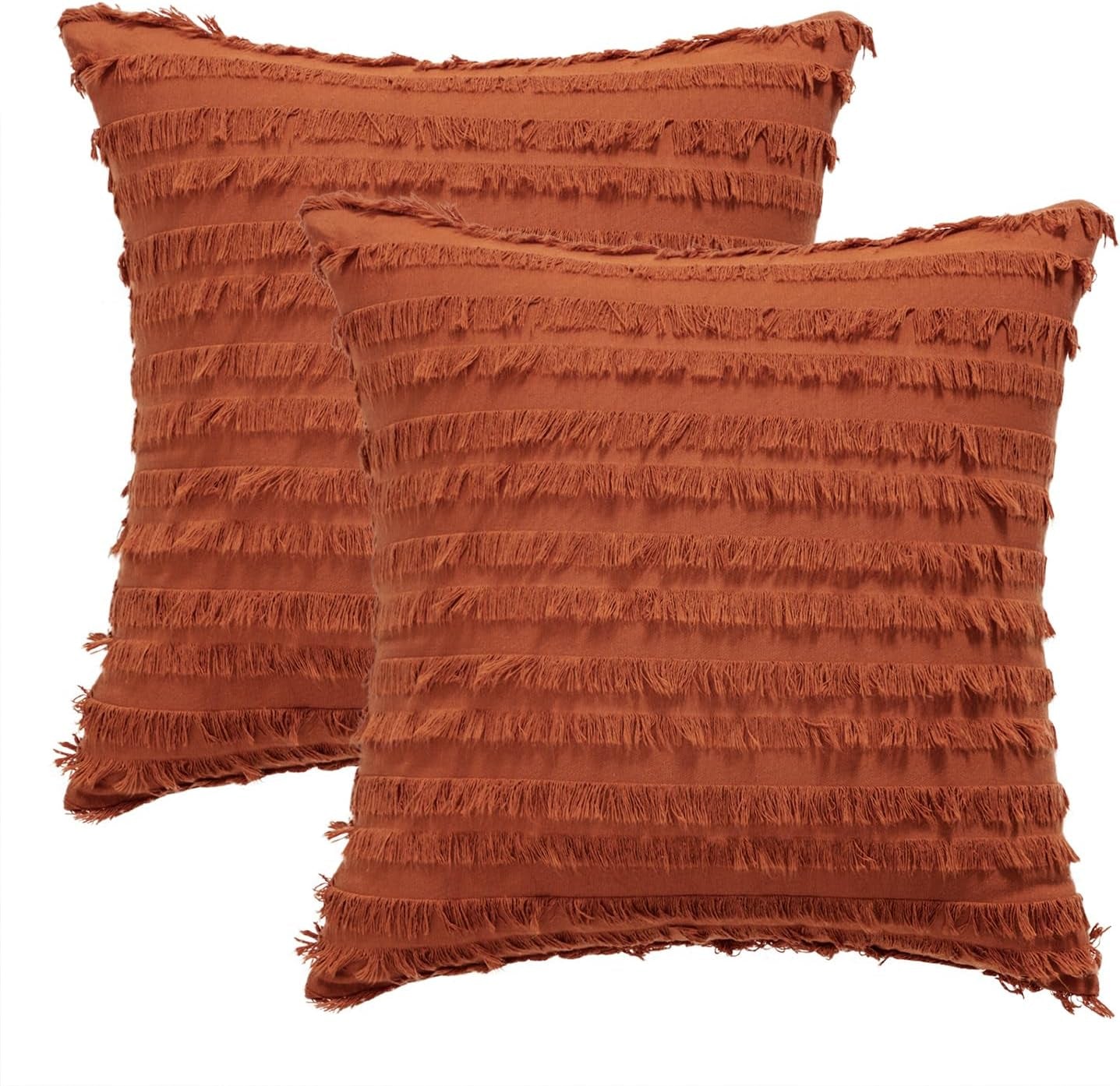 Set of 2 Fall Decorative Boho Throw Pillow Covers Linen Striped Jacquard Pattern Cushion Covers for Sofa Couch Living Room Bedroom 18X18 Inch Rust