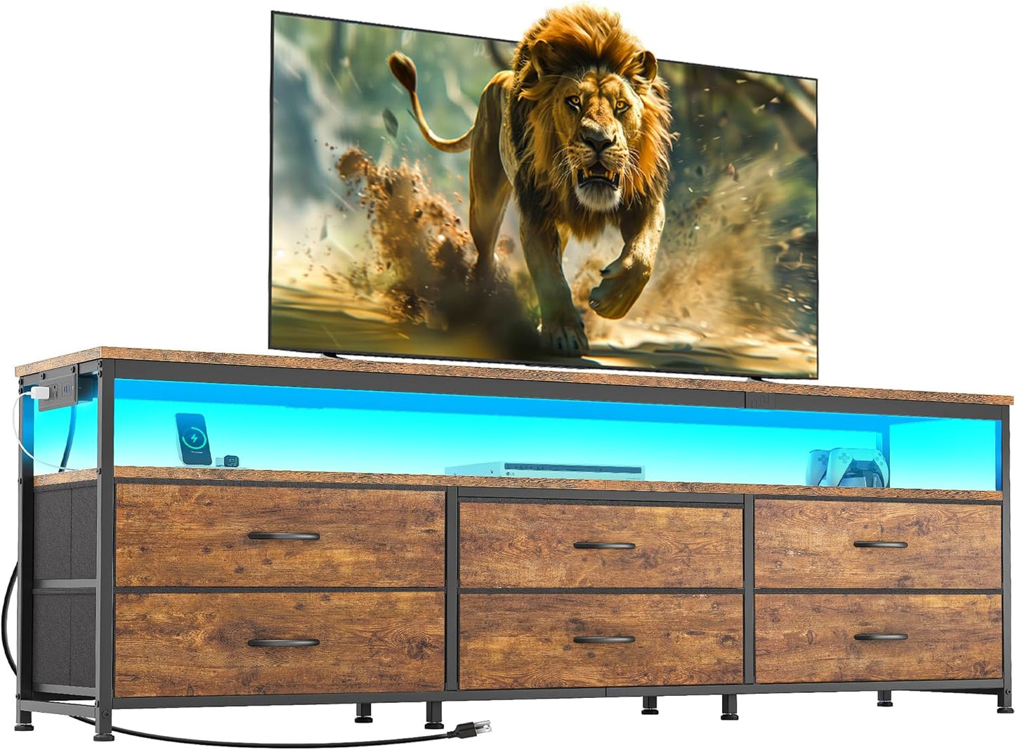 63-Inch TV Stand for 55 to 70 Inch TVs, Rustic Entertainment Center with Power Outlets and Fabric Drawer Storage for Bedroom and Living Room