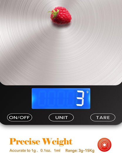 Food Scale -33Lb Digital Kitchen Scale for Food Ounces Grams Rechargeable 304 Stainless Steel,Batteries and Type-C Charging | Perfect for Meal Prep, Cooking, and Baking, Black