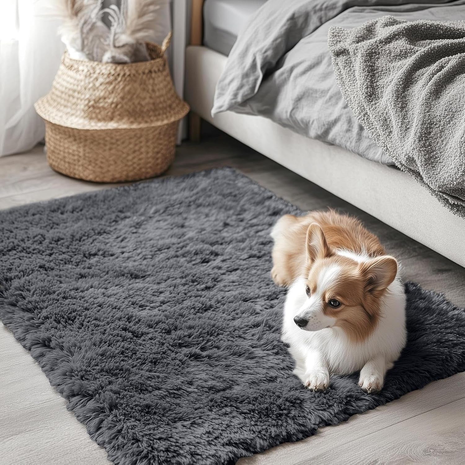 2X3 Machine Washable Small Bedside Rug, Soft Fluffy Shaggy Entryway Throw Rugs for Bedroom, Living Room, Indoor Floor Carpet for Kids Girls and Boys, Nursery Rooms, Home Decor Aesthetic, Grey