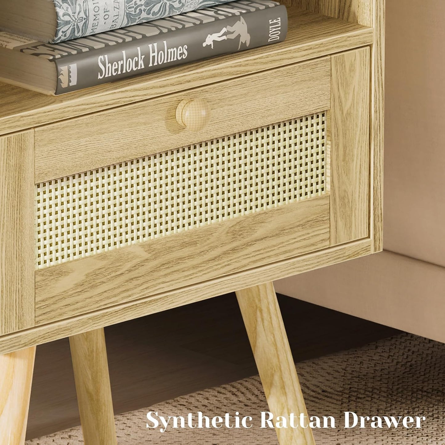 Set of 2 Nightstands with Charging Station and PE Rattan Decor Drawer, Solid Wood Feet, Suitable for Bedroom and Living Room - Natural Finish