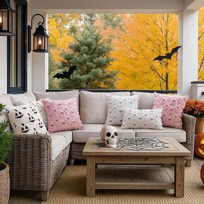 Halloween Decorative Pillow Covers - Set of 2 Soft Plush Faux Fur Ghost Design Cushions for Couch, Sofa, Bed, and Porch - 18x18 Inch Pink