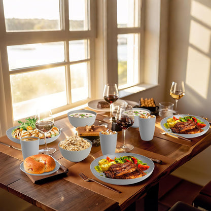 32-Piece Wheat Straw Dinnerware Set for 8 - Unbreakable Grey Plates, Bowls, and Cups, Microwave and Dishwasher Safe, Ideal for Outdoor Camping