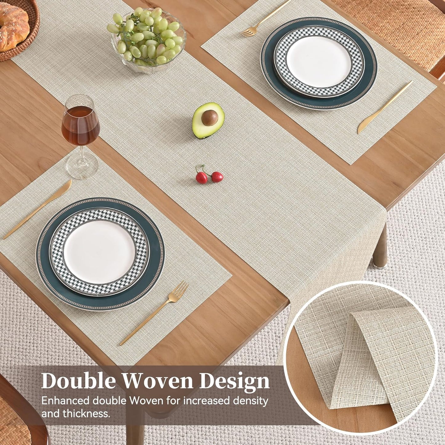 Beige Table Runner and Placemats Set of 5, Heat Resistant Non-Slip Place Mats for Dining Table, Washable Durable PVC Vinyl Woven Table Runner Set