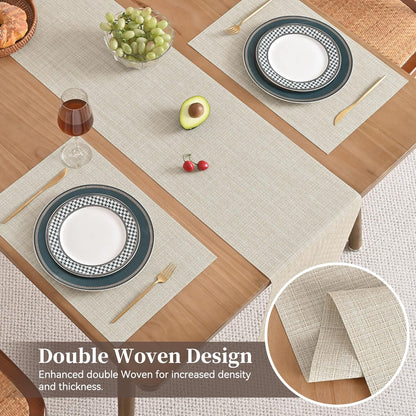 Beige Table Runner and Placemats Set of 5, Heat Resistant Non-Slip Place Mats for Dining Table, Washable Durable PVC Vinyl Woven Table Runner Set