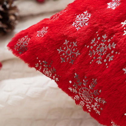 Christmas Red Throw Pillow Covers Set of 2 Snowflakes Decorative Winter Couch Pillowcases 18×18 Inch Soft Plush Faux Fur Farmhouse Home Holiday Festival Decors for Sofa Living Room Bed