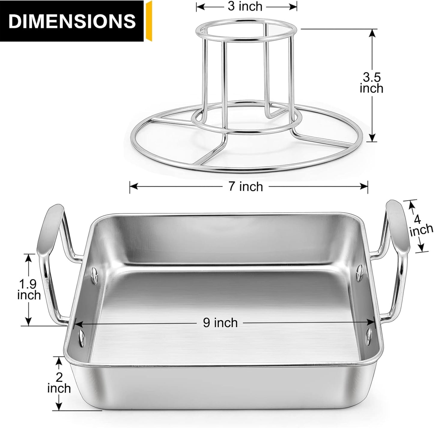 Beer Can Chicken Holder with Roasting Pan Set, 9-Inch Stainless Steel Square Baking Pan and Chicken Rack for Grilling, Heavy Duty & Dishwasher Safe, 2Pcs