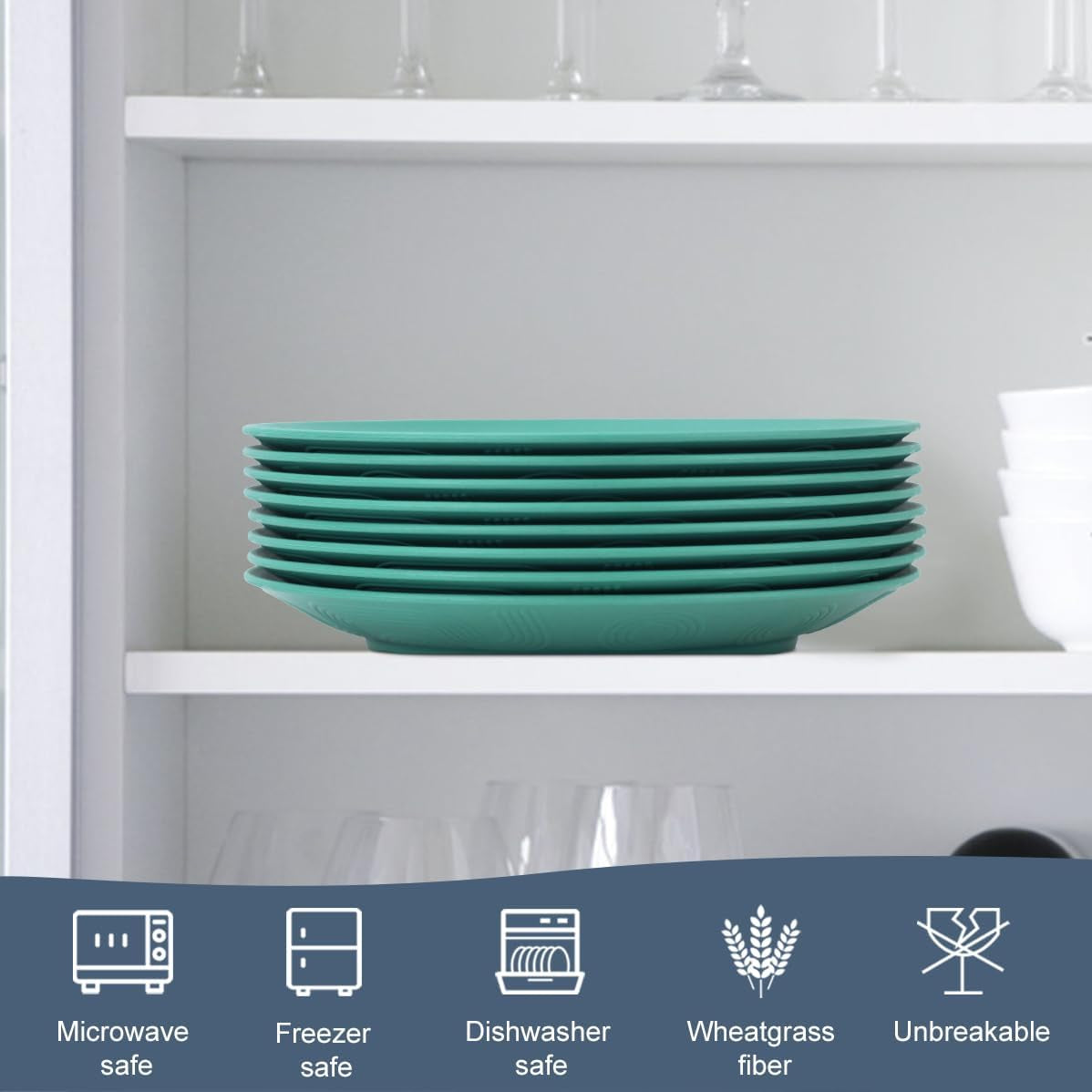 Set of 8 Microwave and Dishwasher Safe Wheat Straw Flat Dinner Plates - Unbreakable 10-Inch Kids Plates in Green, Model MS 01