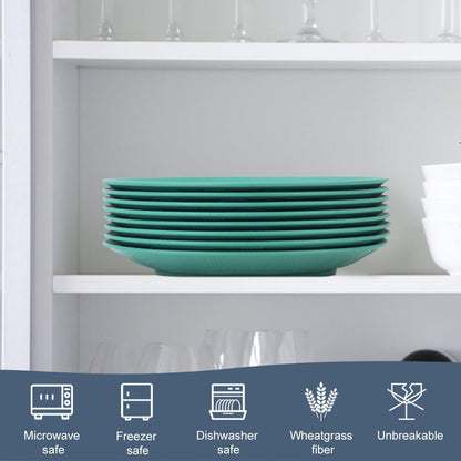 Set of 8 Microwave and Dishwasher Safe Wheat Straw Flat Dinner Plates - Unbreakable 10-Inch Kids Plates in Green, Model MS 01
