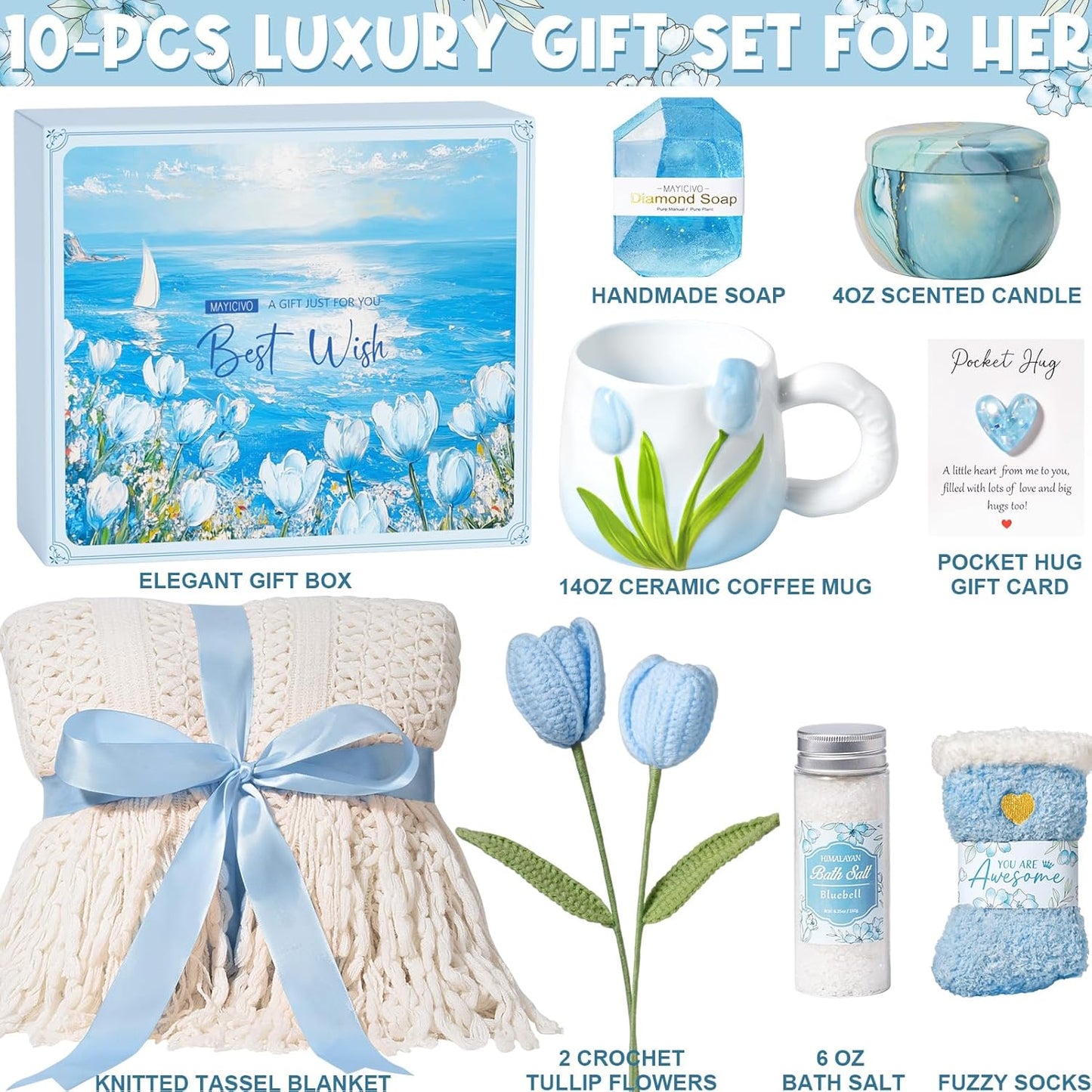 Birthday Gifts for Women Self Care Set Get Well Soon Gift Baskets, Relaxing Bluebell Spa Gift Basket Care Package for Women, Unique Xmas Gifts for Mom Her Girlfriend Sister Friend Wife Grandma