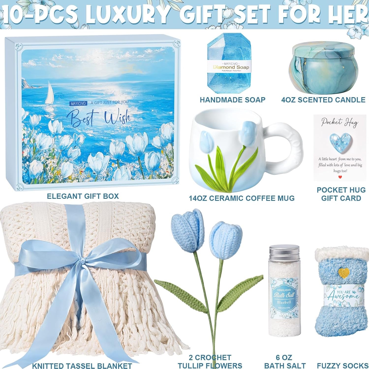 Birthday Gifts for Women Self Care Set Get Well Soon Gift Baskets, Relaxing Bluebell Spa Gift Basket Care Package for Women, Unique Xmas Gifts for Mom Her Girlfriend Sister Friend Wife Grandma