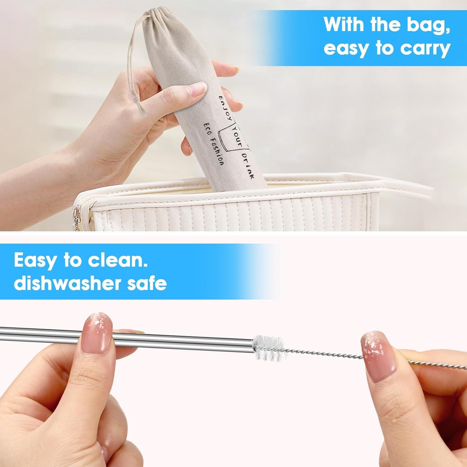 Set of 20 10.5" Reusable Bent Stainless Steel Straws with 20 Silicone Tips 5 Cleaning Brush 1 Travel Case Eco Friendly Extra Long Metal Straw Drinking for 20 24 30 Oz Tumbler