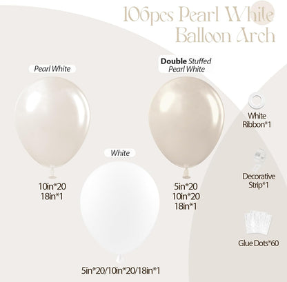106Pcs Double Stuffed Pearl White Balloons, White Pearl Balloons for Engagement Bridal Shower Wedding Party Decorations