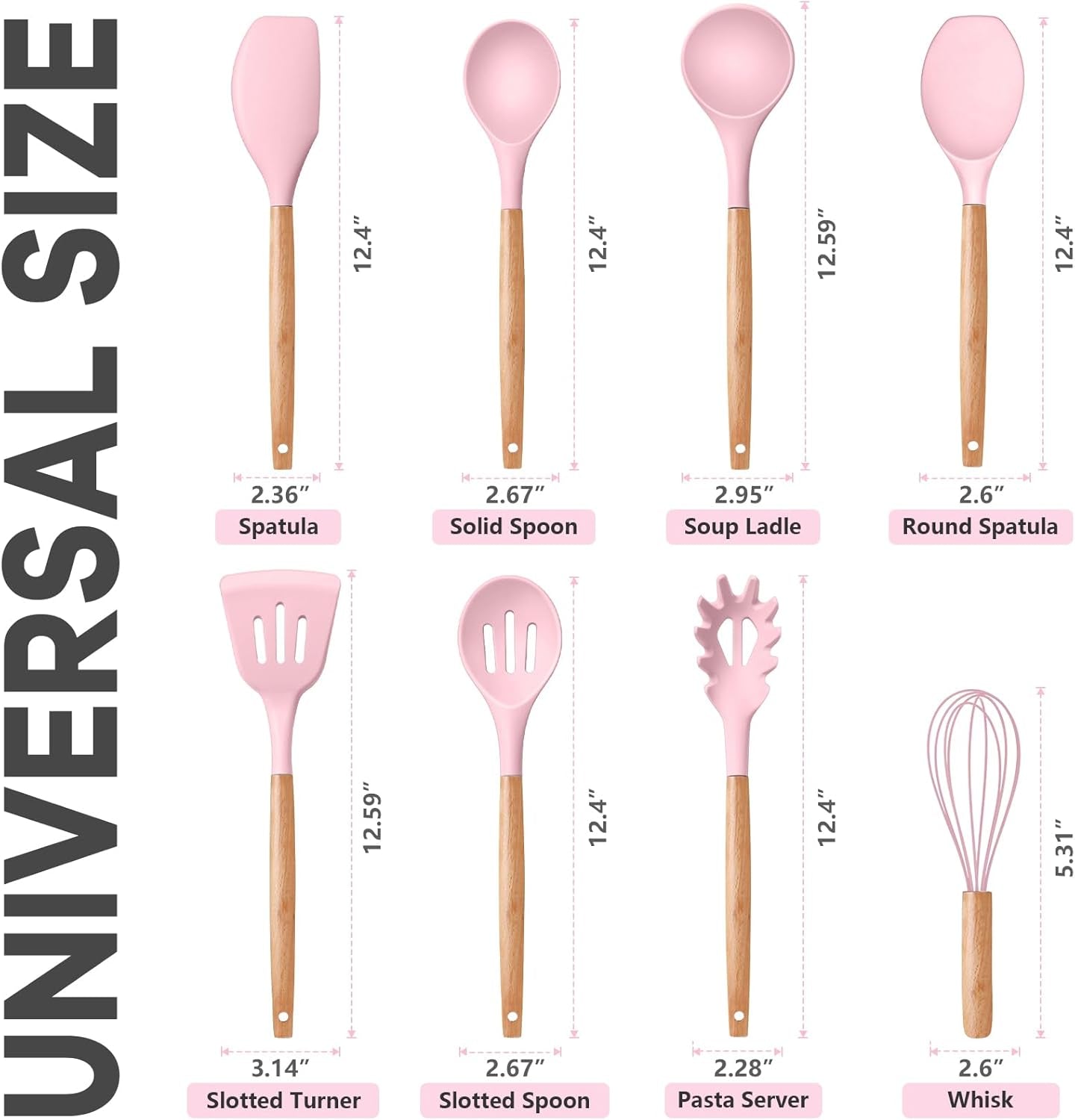Silicone Cooking Utensils Set, 8-Piece Kitchen Cooking Utensil with Wooden Handle, Silicone Spatula for Nonstick Cookware, Heat-Proof & Easy Clean, Pink