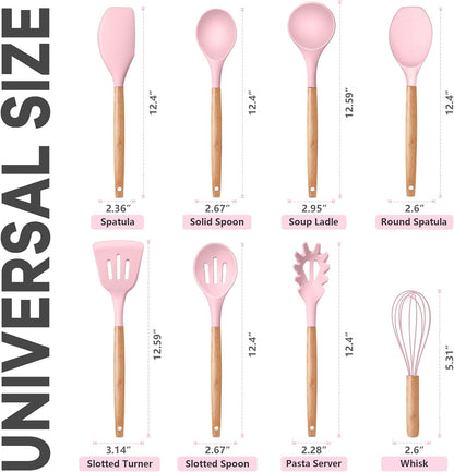 Silicone Cooking Utensils Set, 8-Piece Kitchen Cooking Utensil with Wooden Handle, Silicone Spatula for Nonstick Cookware, Heat-Proof & Easy Clean, Pink