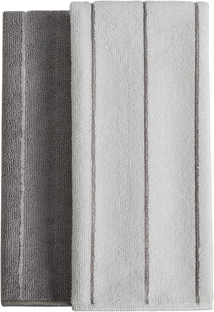 Microfiber Kitchen Towels - Super Absorbent, Soft and Solid Color Dish Towels, 8 Pack (Stripe Designed Grey and White Colors), 26 X 18 Inch