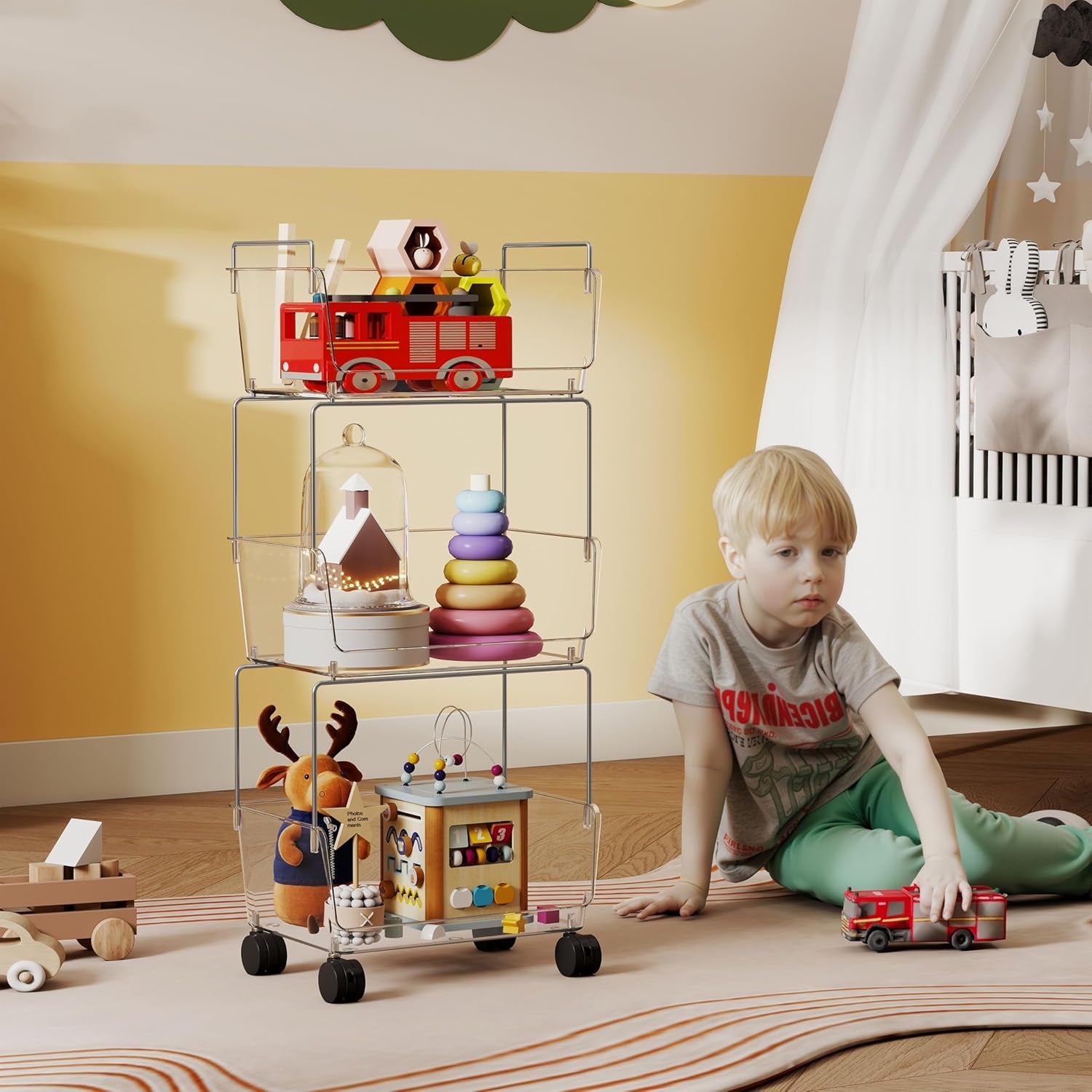 3 Tier Rolling Cart for Kitchen, Bathroom, Office – Acrylic Utility Storage Carts with 2 Lockable Wheels – Ideal for Small Spaces, Pantry, Classroom, Makeup Organizer, Dorm Storage, Clear