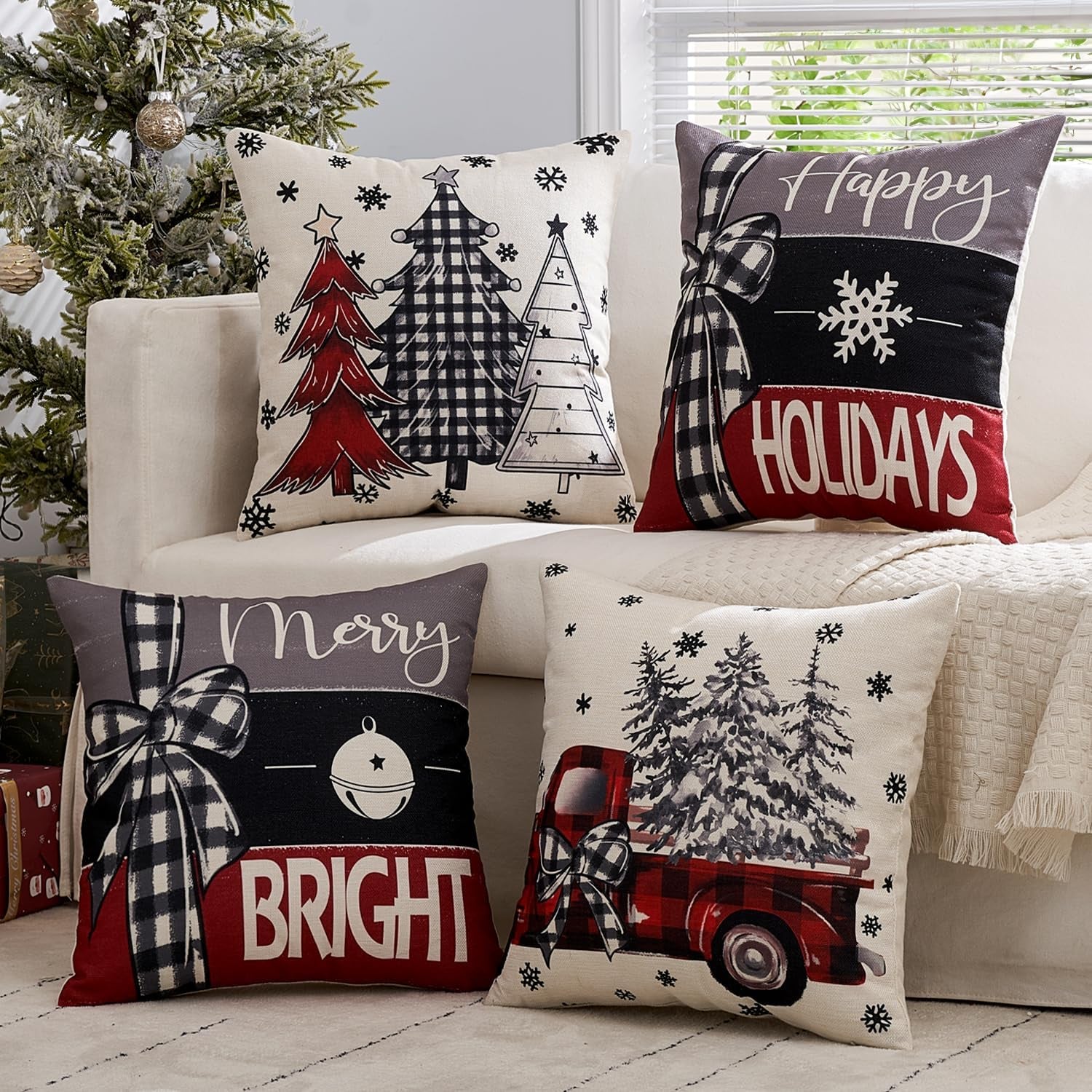 Set of 4 Black and Red Decorative Pillow Covers 16X16 Inch Happy Holiday Christmas Tree Throw Pillow Cases Winter Seasonal Cushion Cases Home Decors for Sofa Couch Bedroom