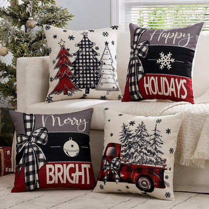 Set of 4 Black and Red Decorative Pillow Covers 16X16 Inch Happy Holiday Christmas Tree Throw Pillow Cases Winter Seasonal Cushion Cases Home Decors for Sofa Couch Bedroom