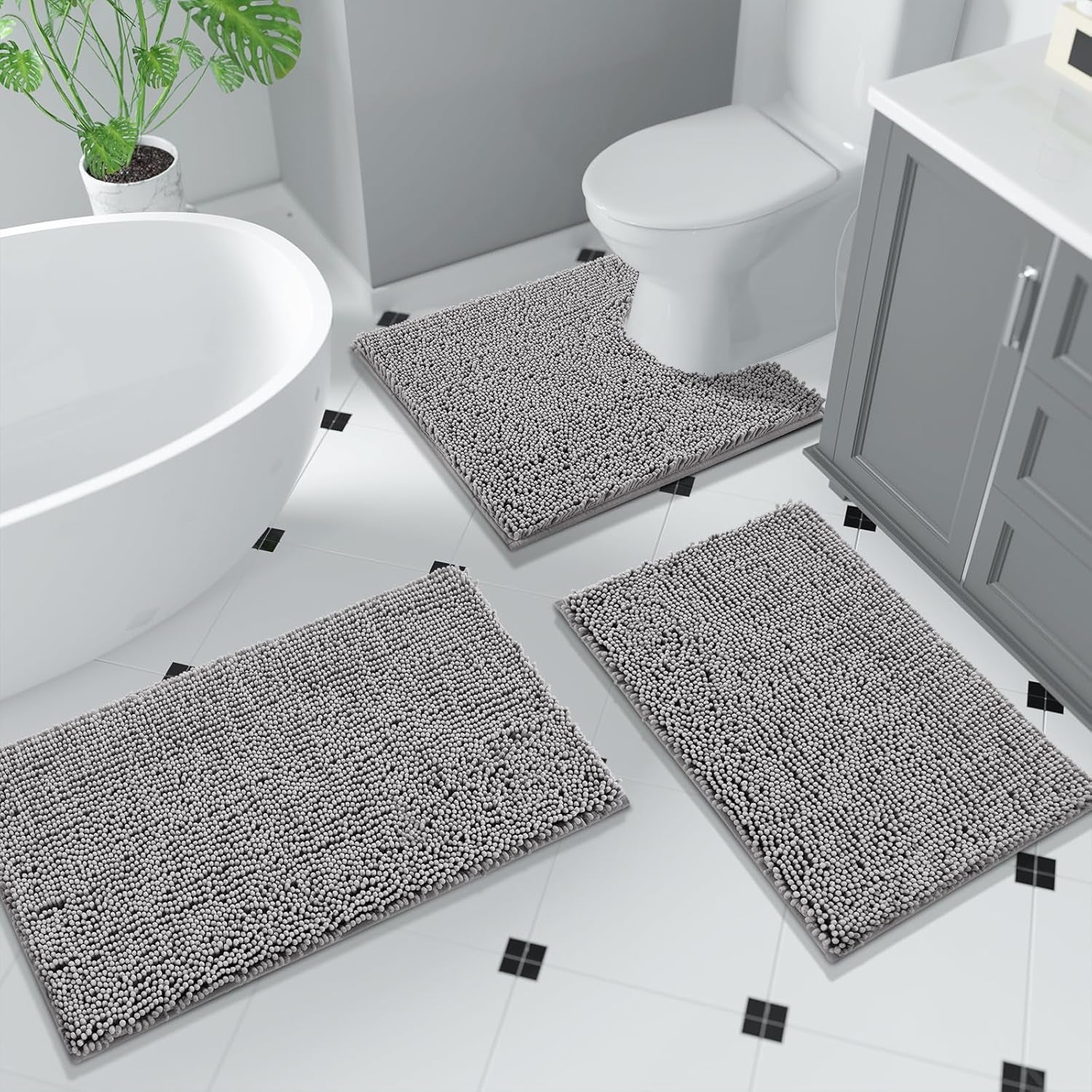 Bathroom Rug Set 2-Piece, Soft Absorbent Quick-Dry Chenille Bath Mats, Machine-Washable, Bathroom Mats for Floor, Tub & Shower, Bath Rugs for Bathroom – 32X20 + 24X17, Grey