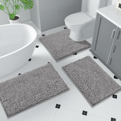 Bathroom Rug Set 2-Piece, Soft Absorbent Quick-Dry Chenille Bath Mats, Machine-Washable, Bathroom Mats for Floor, Tub & Shower, Bath Rugs for Bathroom – 32X20 + 24X17, Grey