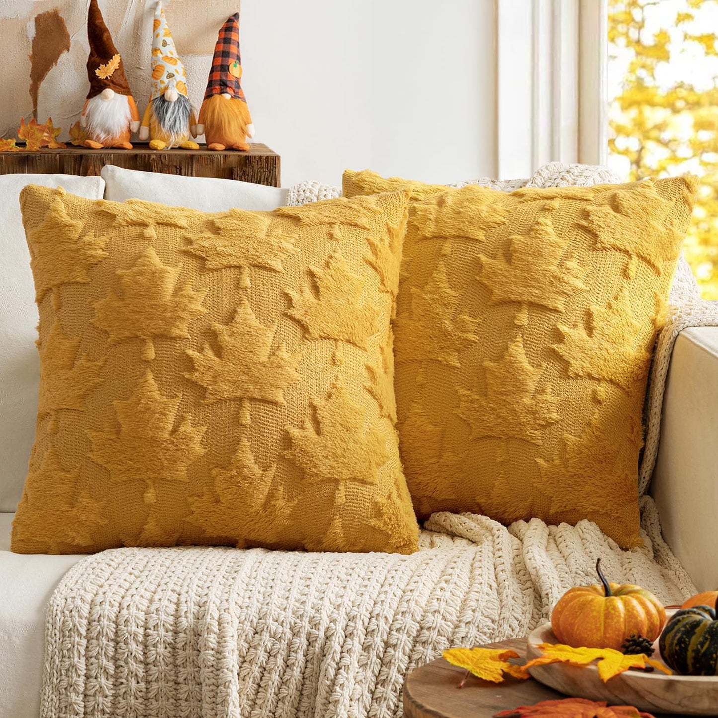 Fall Autumn Throw Pillow Covers 18X18 Mustard Yellow Set of 2 Thanksgiving Decorative Solid Maple Leaf Accent Pillow Covers Soft Plush Faux Wool for Home Decor Holiday Outdoor Porch Bedroom