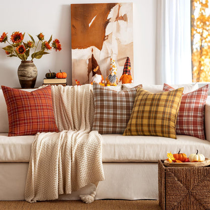 Set of 2 Scottish Tartan Plaid Throw Pillow Covers - Classic Farmhouse Decorative Outdoor Square Cushion Cases for Sofa and Couch, 18x18 Inch, Rust