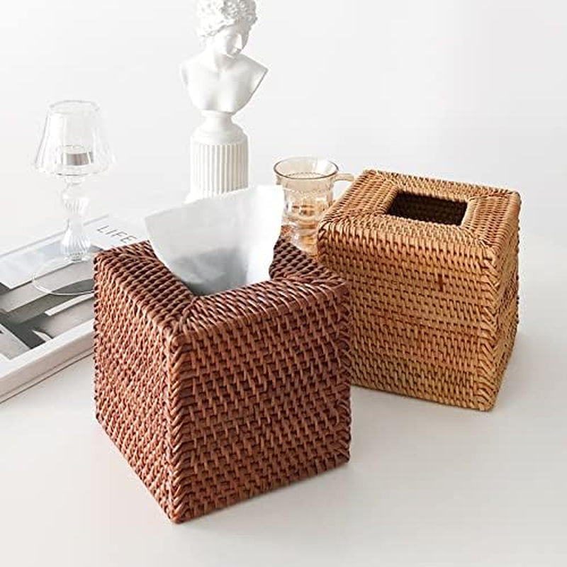 Rattan Tissue Box Cover Natural Woven Facial Napkin Holder Square (Natural, 5.5X5.5X5.9 Inch)