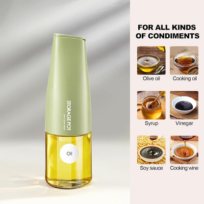 Large Capacity Olive Oil Dispenser - 500ml Glass Vinegar Drizzler, Leak-Proof Oil Bottle, Non-Drip Soy Sauce Dispenser with Pourer and Labels (Green)