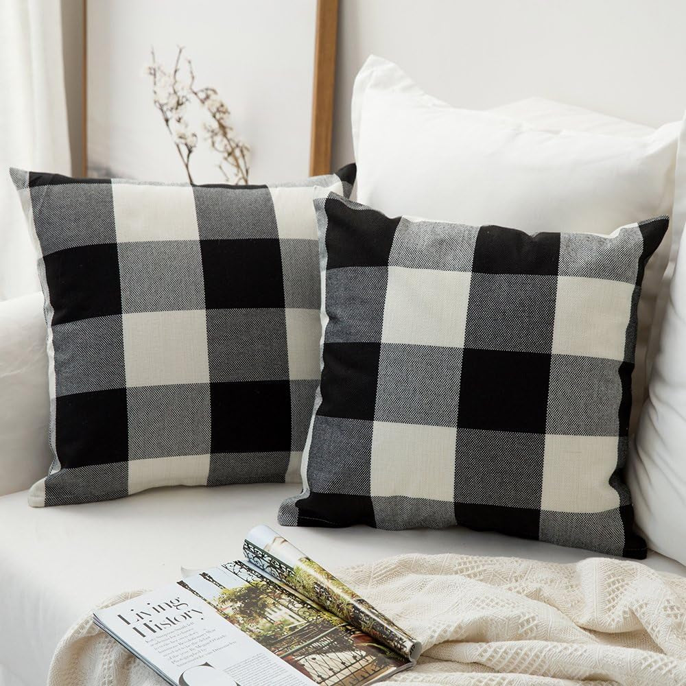 Halloween Pack of 2 Farmhouse Buffalo Check Plaids Linen Throw Pillow Covers Soft Soild Decorative Home Decor Outdoor Cushion Case for Sofa Bedroom 18 X 18 Inch, Black and White