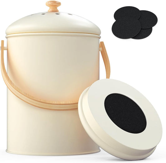 1.3 Gallon Compost Bin Kitchen Counter, Stainless Steel Odorless Indoor Compost Bin Includes 4 Pack Carbon Filters, Countertop Compost Bin with Lid, Kitchen Compost Bucket with Bamboo Handles