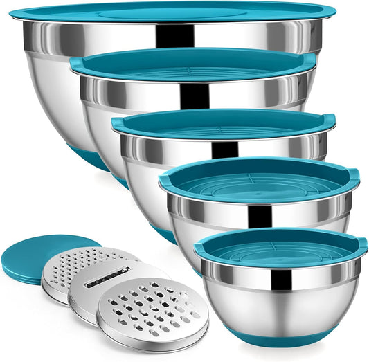 Mixing Bowl with Lid Set, 5 Piece Stainless Steel Mixing Nesting Bowls for Salad Storage, 3 Grater Attachments & Non-Slip Bottoms, Size 1/1.5/2 / 2.6/4.6 QT, Blue